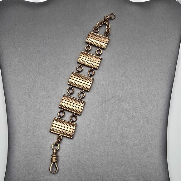 VTG Solid Copper Panel Link Bracelet 7" Geometric Cutout Designs Hook Clasp 50s - Picture 9 of 14